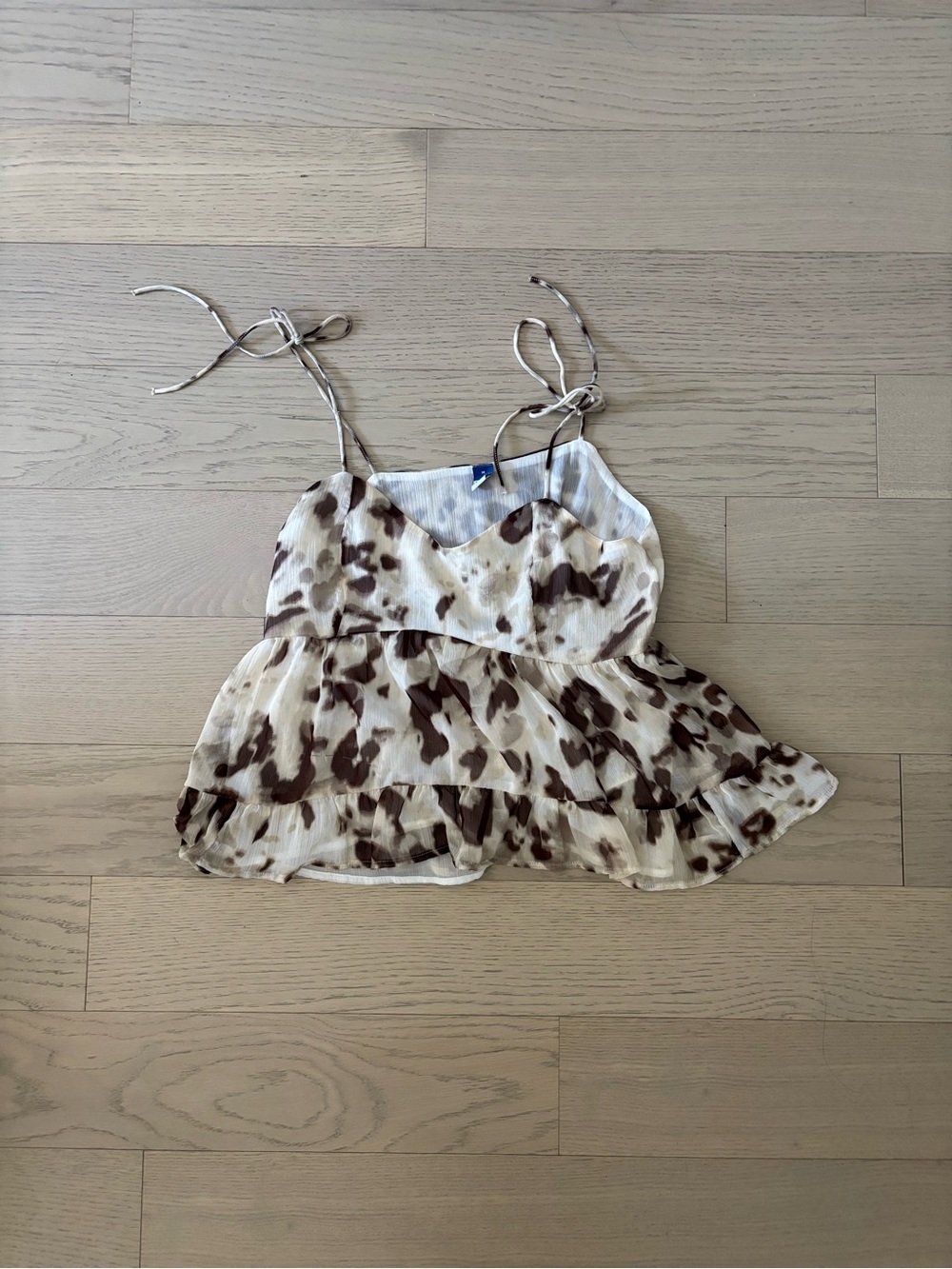 Old Navy Cream and Brown Animal Print Tiered Tie-Strap Babydoll tank
